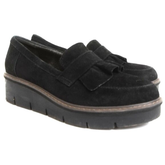Clarks Women's 8 Airabell Slip On Tassle Loafer Black Suede Wedge Platform - Picture 2 of 10
